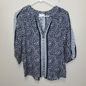 NWT Crown & Ivy Navy Peasant Blouse 3/4 Sleeve Size PS Petite Small Blue White